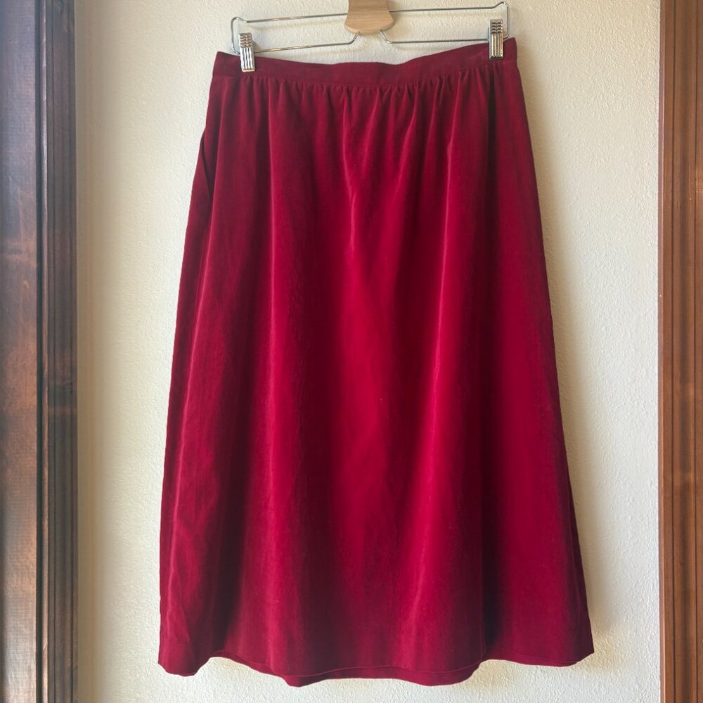VTG Red Velvet Pleated Midi Skirt Made in Japan 100% Cotton Valentine's Sz 10 - Picture 4 of 8